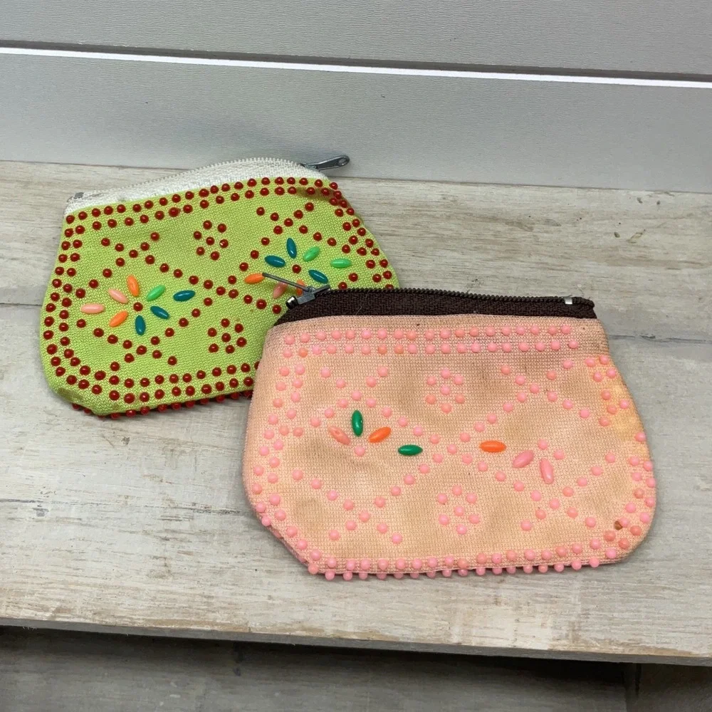 Vintage Beaded Coin Purse Set Lime Green Peach Floral Mid Century Retro Pouch